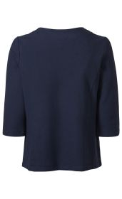 Dunkelblaues Baumwoll-Shirt mit 3/4-Ärmeln, Rundhalsausschnitt, hinten abgebildet, schlichtes Design ohne Muster oder Verzierungen