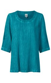 Damenbluse aus Viskose-Mix in Türkis mit feiner Crinkle-Struktur, Rundhalsausschnitt, 3/4-Ärmeln mit Knopf und geradem Saum, Größe 38, von DW-Shop