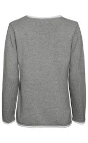 Rückansicht eines grauen Baumwoll-Pullovers mit langer Ärmeln, geradem Saum und weißen Kanten an Hals, Bündchen und Saum, schlichtes und feingestricktes Design