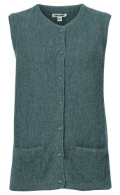 Alpaka-Weste für Damen in grau-blau, ärmellos mit V-Ausschnitt, durchgehender Knopfleiste, zwei aufgesetzten Taschen vorne und weichem Strickmaterial