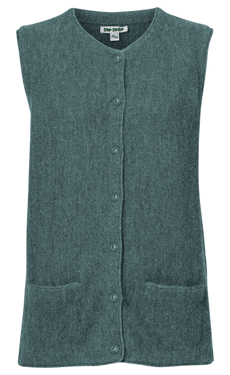 Alpaka-Weste für Damen in grau-blau, ärmellos mit V-Ausschnitt, durchgehender Knopfleiste, zwei aufgesetzten Taschen vorne und weichem Strickmaterial
