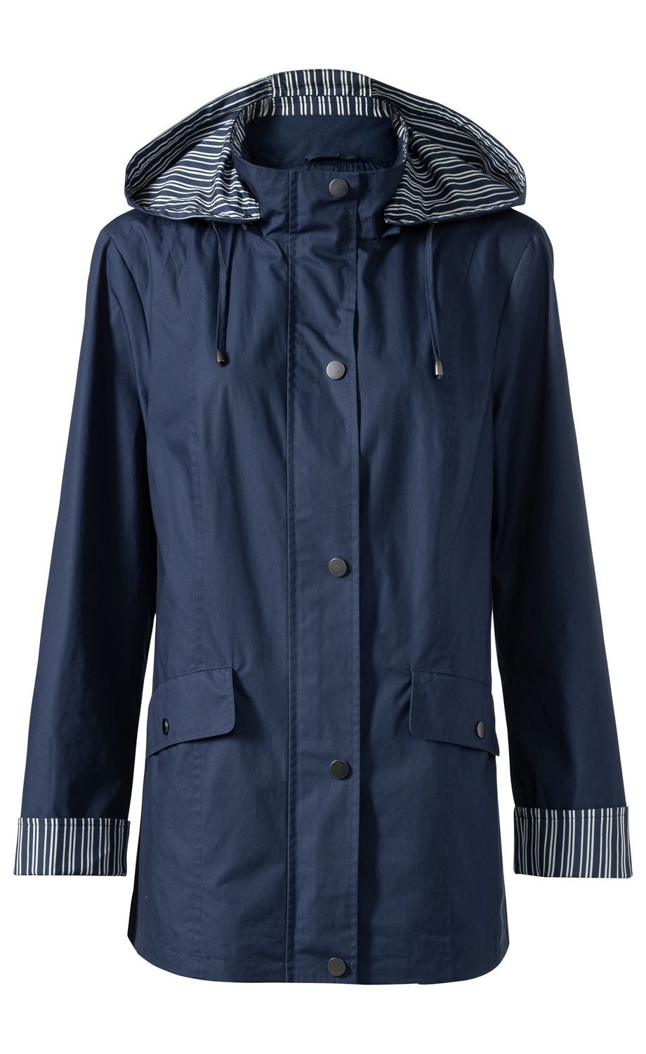 Dunkelblaue Baumwoll-Jacke mit Kapuze, gestreiftem Innenfutter, langen Ärmeln mit gestreiften Umschlägen, Fronttaschen mit Klappen und Druckknöpfen, durchgehender Knopfleiste vorne