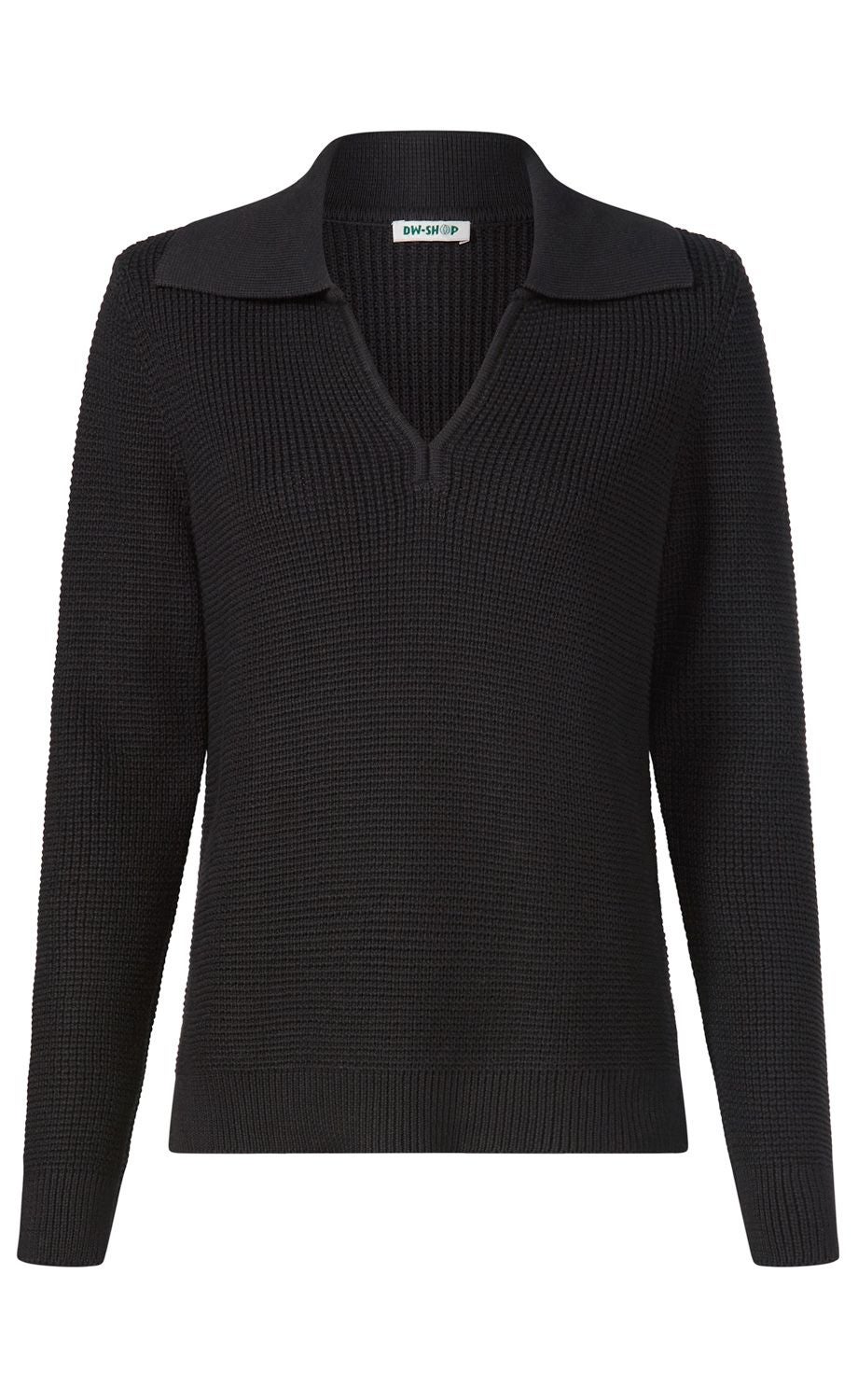 Schwarzer Damenpullover mit grobem Strickmuster, langärmlig, V-Ausschnitt mit breitem Kragen, gerippte Bündchen an Armen und Saum, lässiger Schnitt.