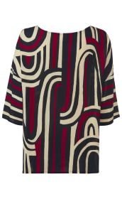 Viskose-Bluse mit weitem Schnitt, dreiviertelangen Ärmeln, schwarz-beigen und roten geschwungenen und geraden Streifenmuster, gerader Saum, strukturierter Stoff