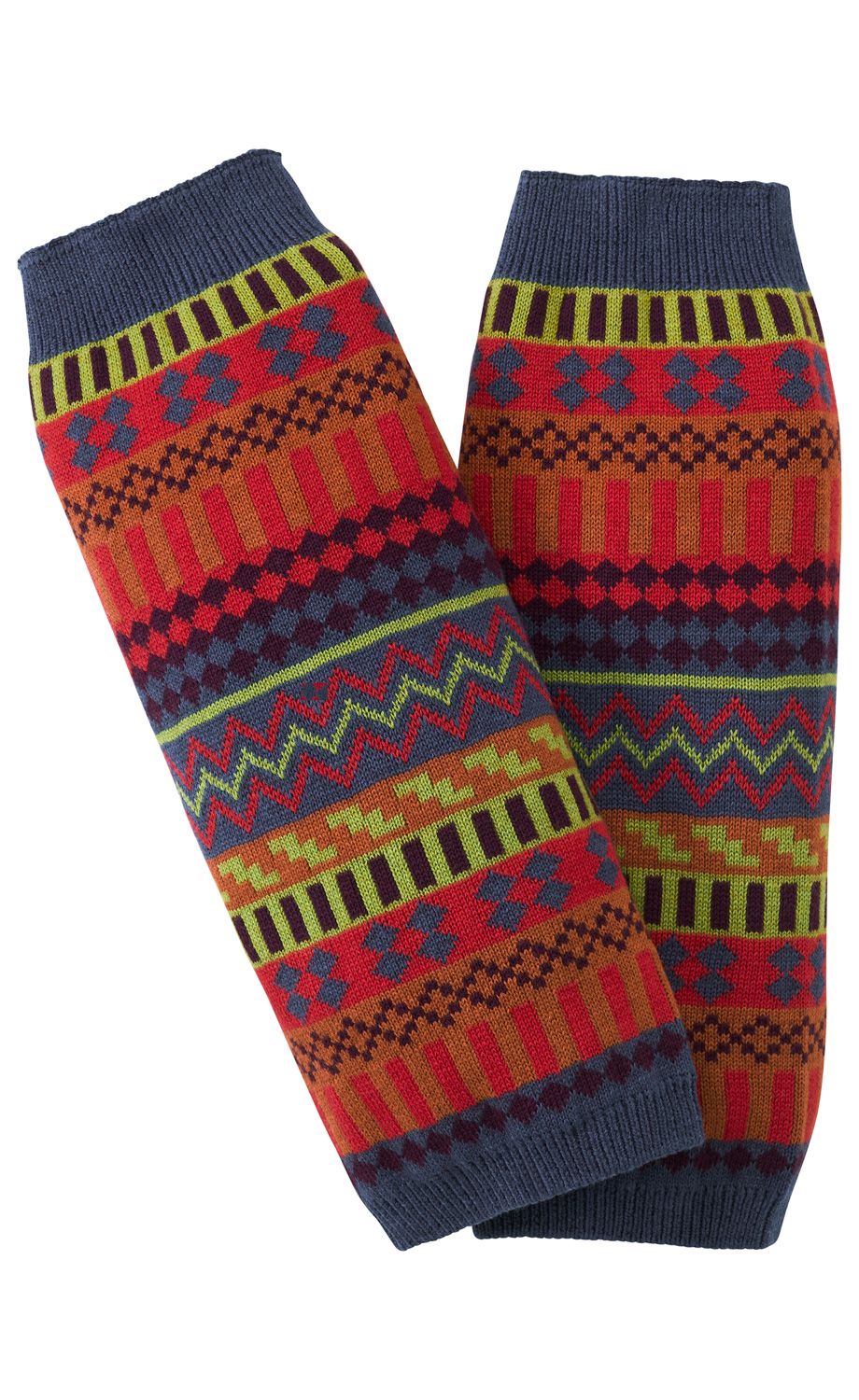 bunte gestrickte Stulpen mit Mustern in Rot, Blau, Orange, Gelb und Grün, mit Rippenstrickbündchen oben und unten