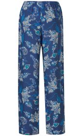 blaue Viskose-Hose mit weitem Bein und elastischem Bund, gemustert mit weißen und türkisen Paisley- und Blumenmotiven