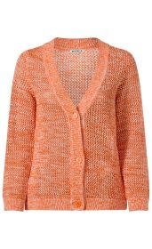 Baumwoll-Strickjacke in Orange mit offenem, grob gestricktem Muster, V-Ausschnitt, langen Ärmeln und drei Knöpfen vorne, Rippbündchen an Saum und Ärmeln, lockere Passform.