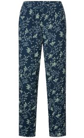 Dunkelblaue Viskose-Hose mit elastischem Bund und floralem Muster in Hellgrün und Hellblau, gerade geschnitten.