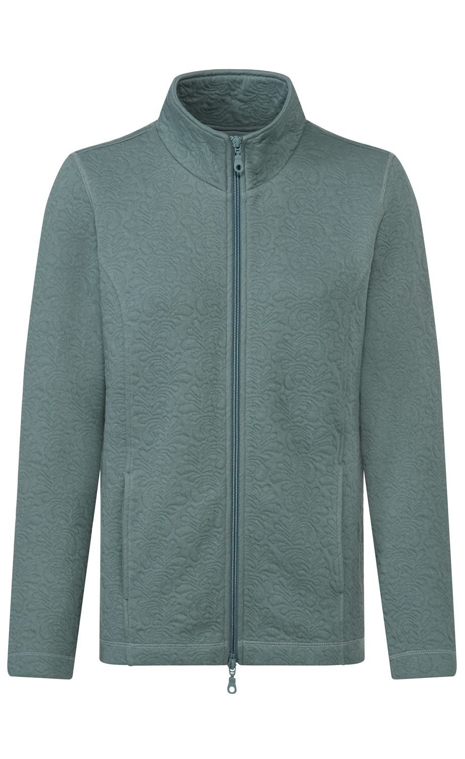 grüne gesteppte Fleecejacke mit Stehkragen, durchgehendem Reißverschluss und seitlichen Eingrifftaschen, mattes Material mit floralem Muster, langärmlig, gerade geschnitten