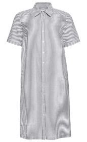 Baumwoll-Kleid mit kurzen Ärmeln, Hemdkragen und durchgehender Knopfleiste, graue und weiße senkrechte Streifen, gerade Passform, schlichtes Design, Größe 38, leichter Stoff