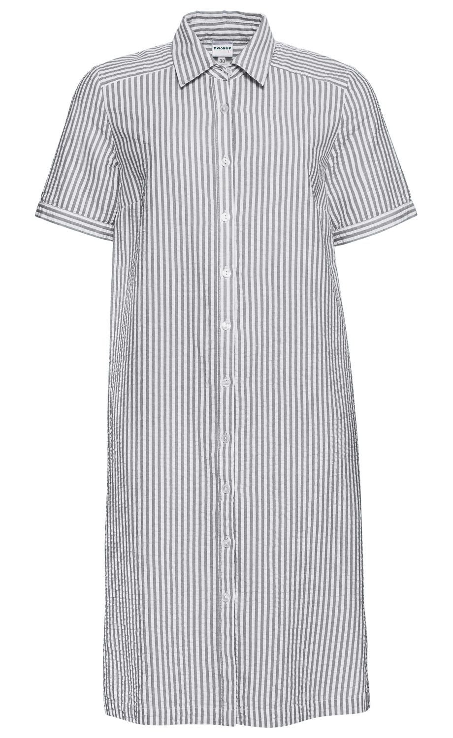 Baumwoll-Kleid mit kurzen Ärmeln, Hemdkragen und durchgehender Knopfleiste, graue und weiße senkrechte Streifen, gerade Passform, schlichtes Design, Größe 38, leichter Stoff