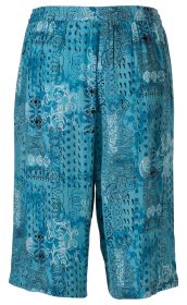 Blaue Viskose-Hose mit elastischem Bund, gemustert mit weißen und schwarzen abstrakten Ornamenten und floralen Mustern, knielang, lockere Passform, leichte Sommerhose
