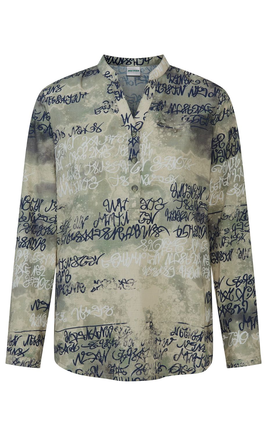 Langärmeliges Hemd in Beige- und Grautönen mit dunkelblauem und weißem Graffiti-Print, V-Ausschnitt mit kurzen Knopfleisten, legerer Schnitt, leichter Stoff