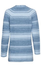 Baumwoll-Strickjacke in verschiedenen Blautönen, langärmlig, gestreift, mittellang, hinten gezeigt, weiche und strukturierte Oberfläche, gerader Schnitt, Rundhalsausschnitt, warme Strickqualität