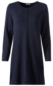 Dunkelblaues Baumwoll-Mix-Kleid mit langem Arm, Rundhalsausschnitt und leichter Taillenform, vorne mittige Naht, schlichte und zeitlose Optik