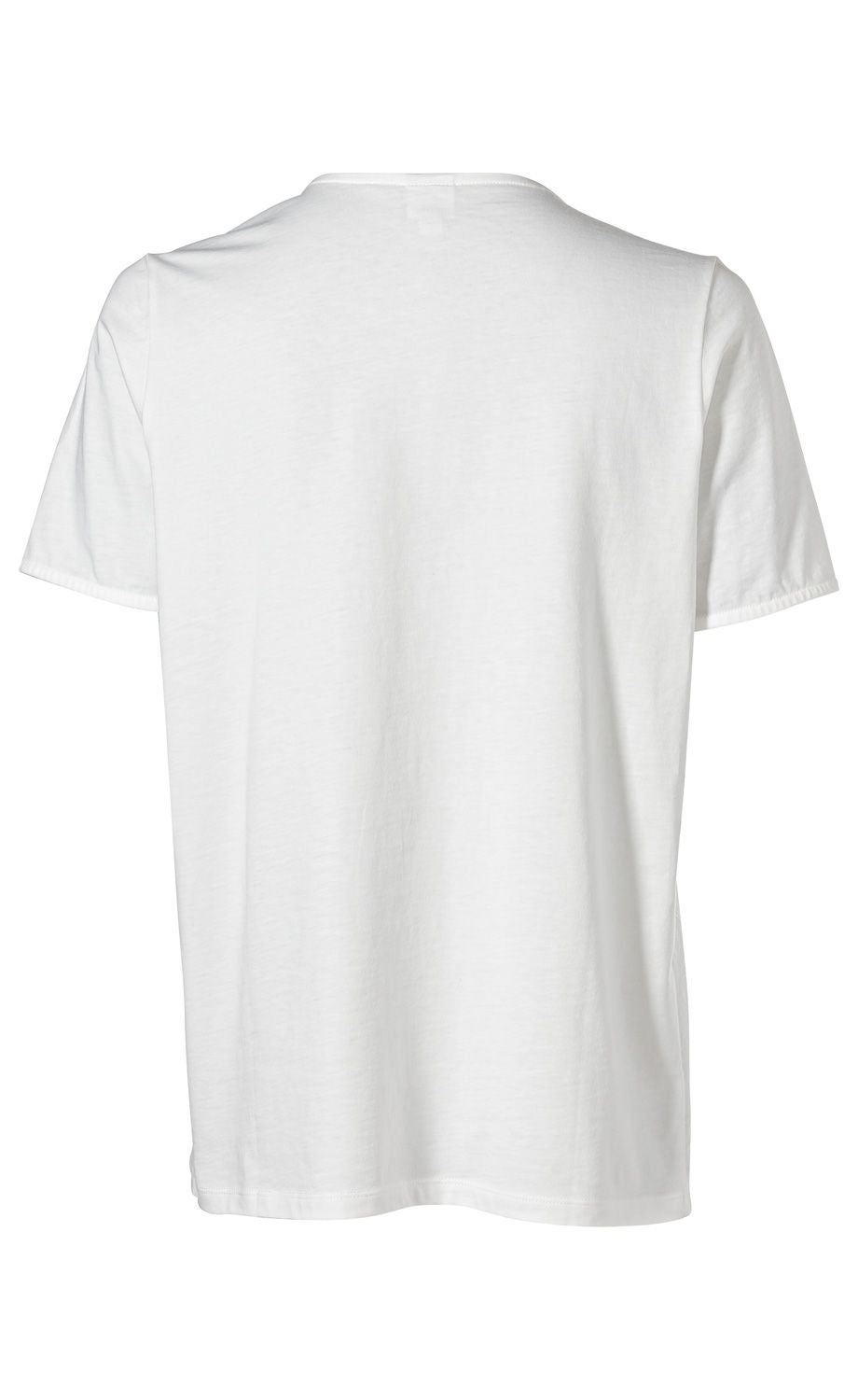 weißer Baumwoll-Shirt Rückansicht, kurzer Ärmel, einfacher runder Halsausschnitt, schlichter Stil, glatte Textur