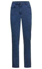 Dunkelblaue Baumwoll-Mix-Hose mit geradem Schnitt, zwei vorderen Taschen, Gürtelschlaufen und Knopfverschluss, frontale Nahtdetails, einfache Saumkante, moderne Passform