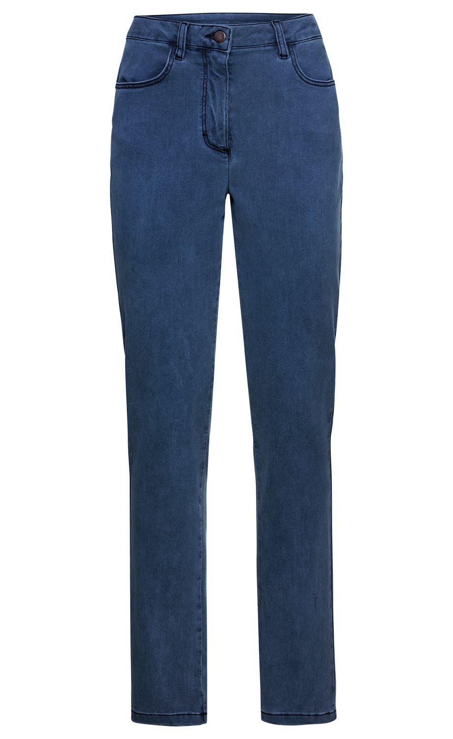 Dunkelblaue Baumwoll-Mix-Hose mit geradem Schnitt, zwei vorderen Taschen, Gürtelschlaufen und Knopfverschluss, frontale Nahtdetails, einfache Saumkante, moderne Passform