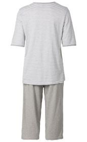 Baumwoll-Pyjama, Rückansicht, Oberteil mit kurzen Ärmeln und horizontalen grauen und weißen Streifen, unifarbene graue lange Hose, bequemer Schnitt