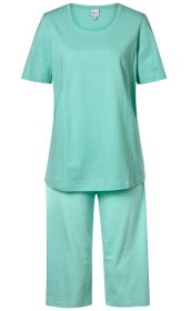 Baumwoll-Schlafanzug in Mintgrün, bestehend aus kurzärmligem Rundhals-Shirt und knielangen Hosen mit geradem Schnitt, schlicht und einfarbig, weich und bequem, ideal für die Nacht oder zum Entspannen zuhause.
