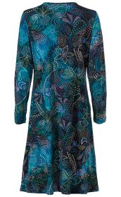 Baumwoll-Mix-Kleid mit langem Arm, Rückansicht, dunkelblauem Grund mit abstraktem Muster aus weißen, grünen, blauen und lila Punkten und Blattformen, locker fallend, knieumspielend
