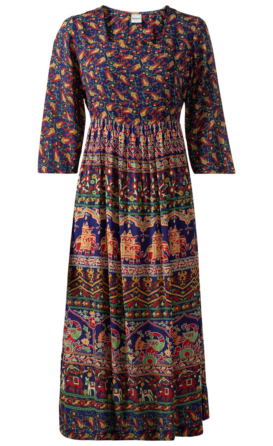Viskose-Kleid mit 3/4-Ärmeln, knielang, dunkelblauer Grundfarbe, bunter ethnischer Musterdruck mit Blumen, Elefanten und Paisley-Elementen, leicht tailliert, weit fallender Rock
