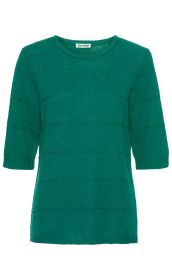 Leinen-Mix-Pullover in Grün mit kurzem Arm, Rundhalsausschnitt, strukturiertem Muster und geradem Schnitt