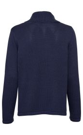 Dunkelblauer Baumwoll-Pullover mit langem Arm, geripptem Stehkragen und feiner Strickstruktur, Rückansicht