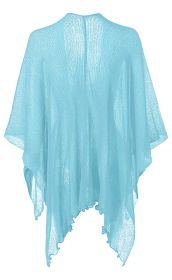 Hellblaue, transparente Baumwoll-Stola mit lockerem, gestricktem Muster und asymmetrischem, leicht gewelltem Saum, präsentiert ohne Hintergrund
