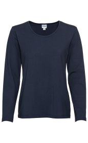 Damen Baumwoll-Mix-Shirt in Dunkelblau mit Rundhalsausschnitt und langen Ärmeln, schlichtes Design, gerade geschnitten, Etikett im Nacken sichtbar