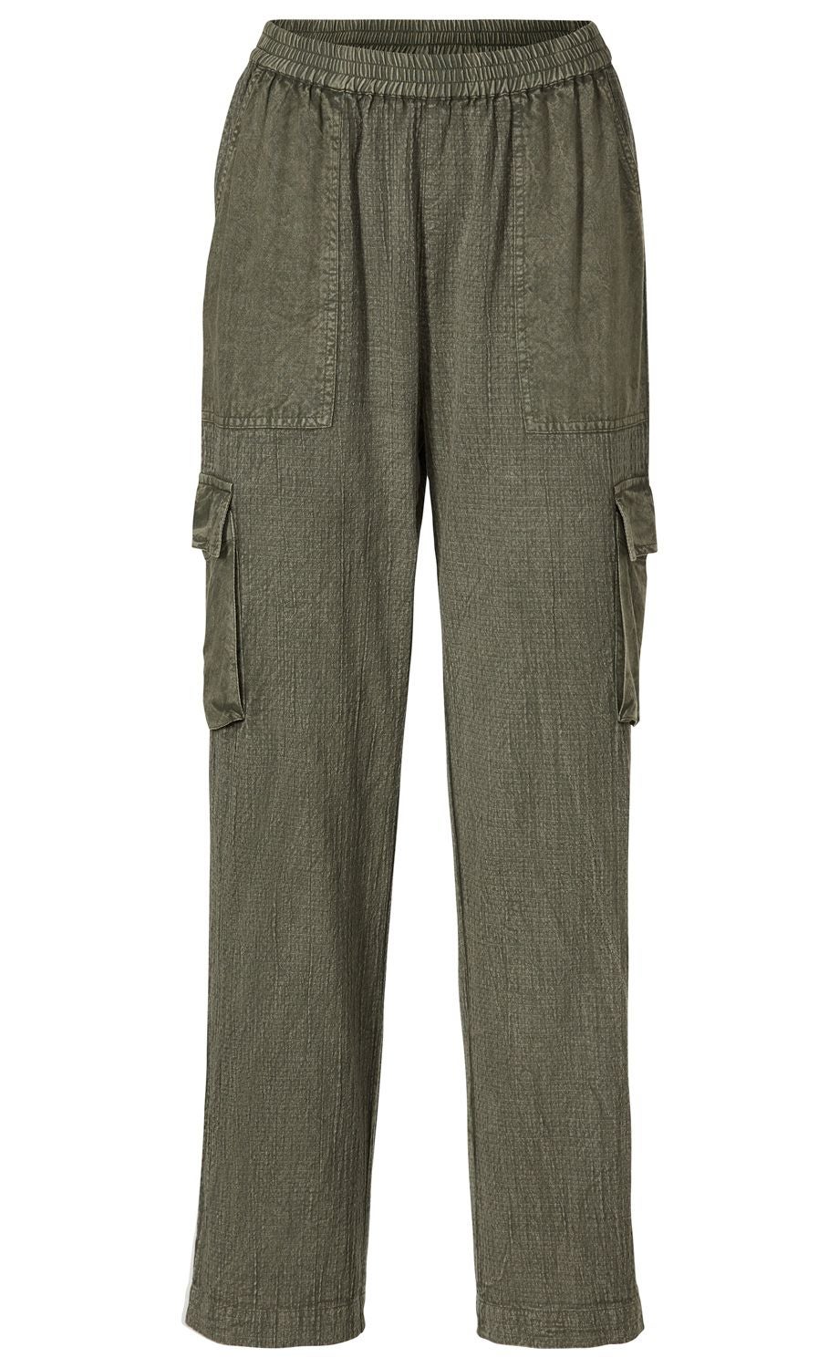 Baumwoll-Mix-Hose in Khaki, gerade geschnitten, mit elastischem Bund, zwei aufgesetzten Taschen vorne und zwei seitlichen Cargo-Taschen mit Klappe, strukturiertes Material, legerer Stil