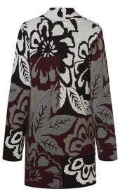 Baumwoll-Mix-Strickjacke mit langem Arm, schwarzen, weißen, grauen und weinroten großflächigen floralen Mustern, von hinten, gerader Schnitt, Stehkragen.