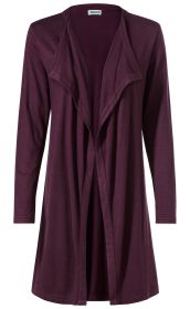 Violette, langärmelige Viskose-Jacke mit offenem Wasserfallkragen, locker fallend, knielang, schlicht, ohne Verschluss, fein strukturierter Stoff