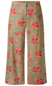 Grüne Baumwoll-Mix-Hose mit weitem Bein, floralem Muster in Rot, Rosa und Orange, elastischem Bund und verdecktem Verschluss vorn