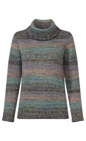 Gemusterter Alpaka-Pullover mit Rollkragen, langer Arm, in gedeckten Farben wie Blau, Grün, Lila und Braun, gestrickt mit einem mehrfarbigen, dezenten Streifen- und Strukturmuster, sportlich und warm.