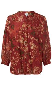 rote Viskose-Bluse mit floralem Muster in Beige und Grün, Knopfleiste vorne, 3/4-Ärmel mit Gummizug am Saum, Rundhalsausschnitt, leichte, transparente Stoffqualität