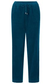 dunkelblaue Cordhose in geradem Schnitt mit elastischem Bund und Kordelzug, Feinkord-Struktur, lange Beine, einfache Manschetten, keine weiteren Verzierungen