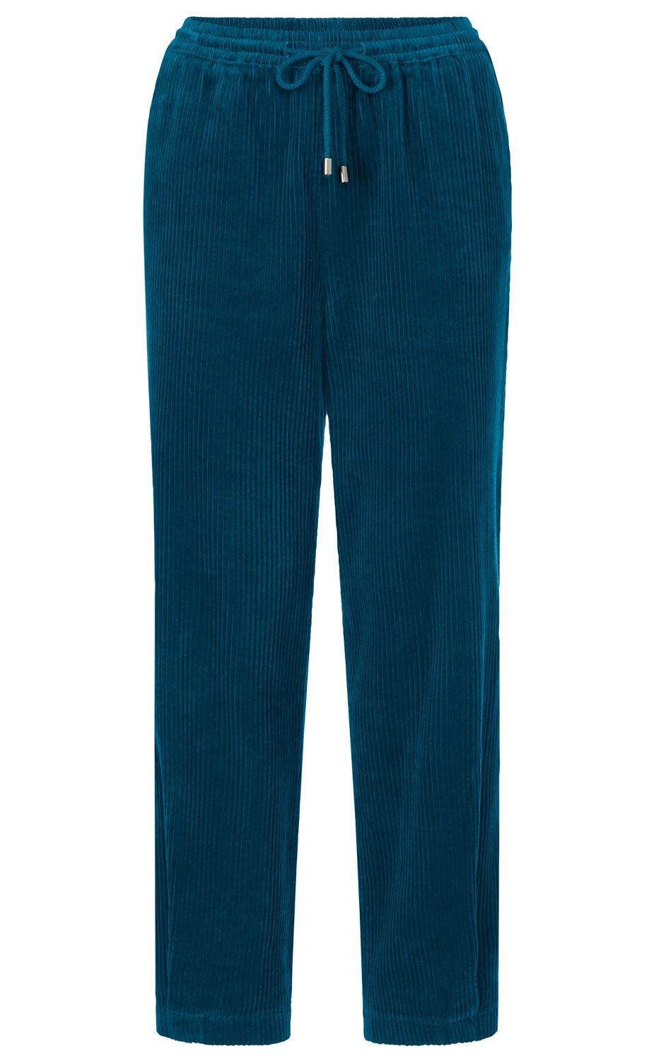 dunkelblaue Cordhose in geradem Schnitt mit elastischem Bund und Kordelzug, Feinkord-Struktur, lange Beine, einfache Manschetten, keine weiteren Verzierungen