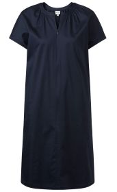 Dunkelblaues Baumwoll-Mix-Kleid mit kurzen Ärmeln, rundem Ausschnitt, gerafftem Kragen und durchgehendem Reißverschluss vorne, knielang, legerer Schnitt
