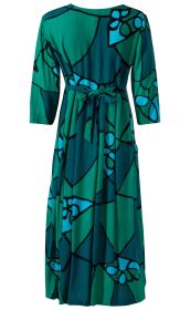 Viskose-Kleid in Blau- und Grüntönen mit abstraktem Muster, 3/4-Ärmeln, knielang, tailliert mit gebundenem Gürtel hinten, strukturiertem Stoff, Rückansicht