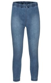 blaue Baumwoll-Hose mit elastischem Bund, eng anliegend, ohne Taschen, mittlere Länge, glatter Stoff mit leichtem Denim-Effekt, gerade geschnitten, keine sichtbaren Verschlüsse