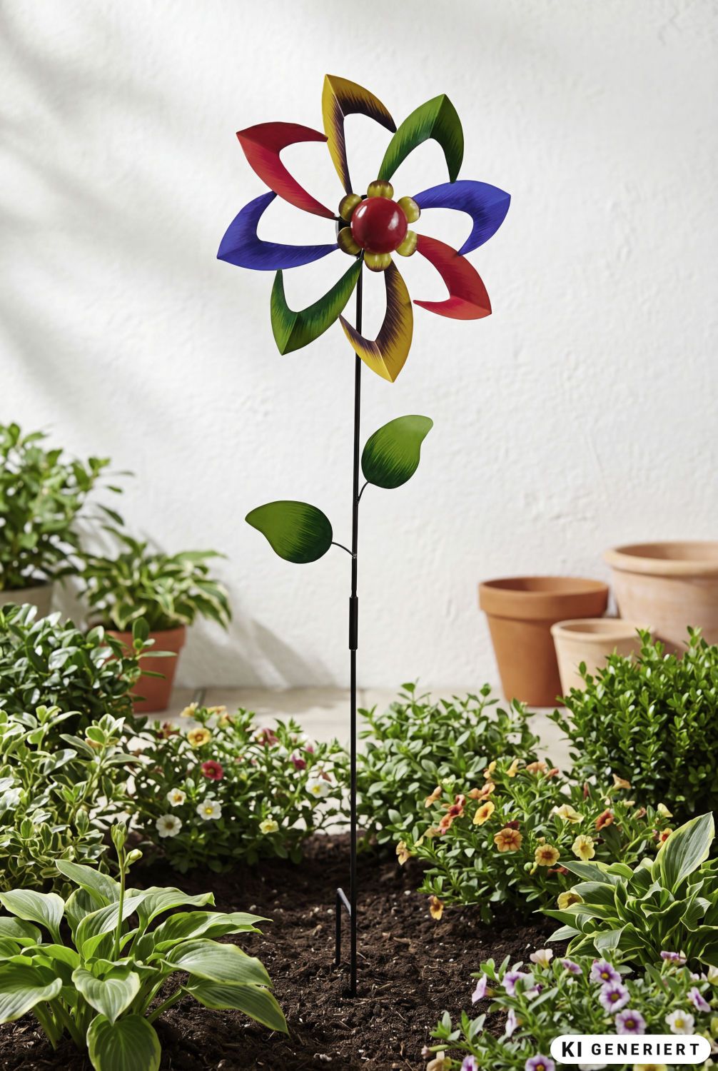 bunter Deko-Gartenstecker in Blumenform mit rot, gelb, grün und blau lackierten beweglichen Blütenblättern, grüne Blätter am schwarzen Metallstab, im Beet mit verschiedenen Pflanzen und Blumen, Terrakotta-Töpfe im Hintergrund