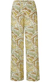 Viskose-Hose mit weitem Bein, elastischem Bund, abstraktem Muster in Beige, Olivgrün und Senfgelb auf weißem Grund