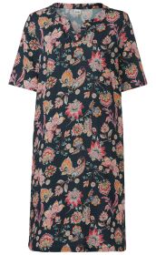 Dunkelblaues Baumwoll-Kleid mit kurzem Arm, floralem Muster in Rot-, Pink- und Orangetönen, V-Ausschnitt mit kleinem Kragen, gerade geschnitten, leichte Struktur im Stoff, knieumspielend