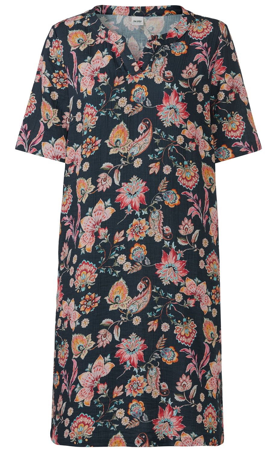 Dunkelblaues Baumwoll-Kleid mit kurzem Arm, floralem Muster in Rot-, Pink- und Orangetönen, V-Ausschnitt mit kleinem Kragen, gerade geschnitten, leichte Struktur im Stoff, knieumspielend