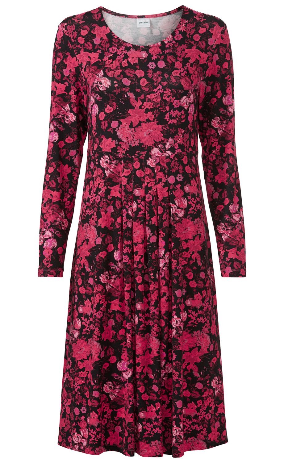 Viskose-Mix-Kleid mit langem Arm, rundem Ausschnitt, knielang, schwarz mit pinkrotem Blumenmuster, taillierter Schnitt, leichte Falten im Rockbereich, feminine und bequeme Passform