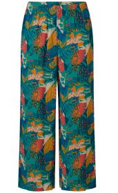 Viskose-Hose in weitem Schnitt mit elastischem Bund, leuchtend buntem abstraktem Blumen- und Blättermuster in Blau, Türkis, Orange, Gelb, Pink und Beige auf grünlichem Grund