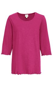 Baumwoll-Shirt in kräftigem Pink mit Rundhalsausschnitt, 3/4-Ärmeln und gewelltem Saumabschluss an Ärmeln und Bund, in Größe 36/38, schlichtes Design ohne Muster oder Aufdruck