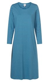 Baumwoll-Nachthemd mit langen Ärmeln, Rundhalsausschnitt, blau und hellblau horizontal gestreift, knielang, gerade geschnitten, schlichtes Design, ohne Muster oder Verzierungen, bequem und weich