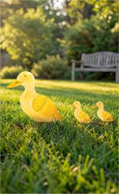 Drei gelbe Deko-Gartenstecker in Entenform unterschiedlicher Größe in einem grünen Garten auf Gras, unscharfe Gartenbank und Bäume im Hintergrund, warme Sonnenstrahlen am Abend